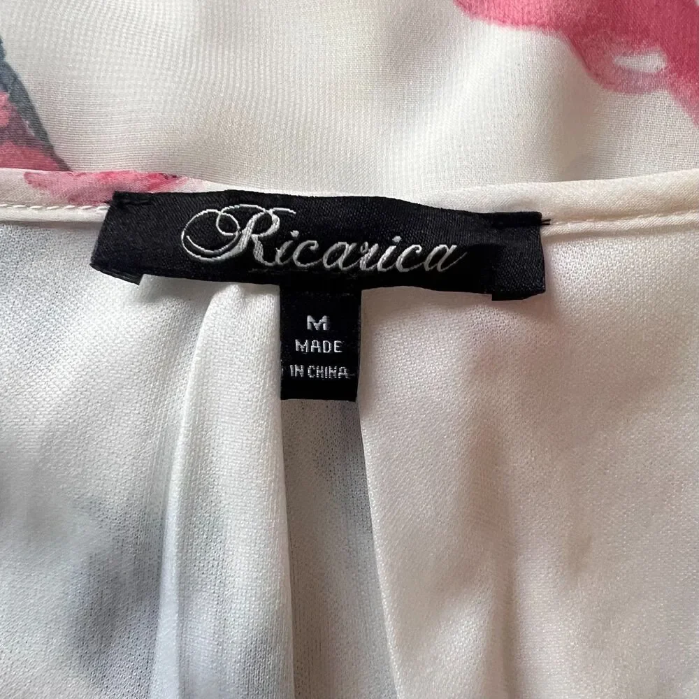 RICARICA Ivory Pink Blue Floral Maxi Dress Medium Boho Romantic Tie Waist Lined - Picture 4 of 8